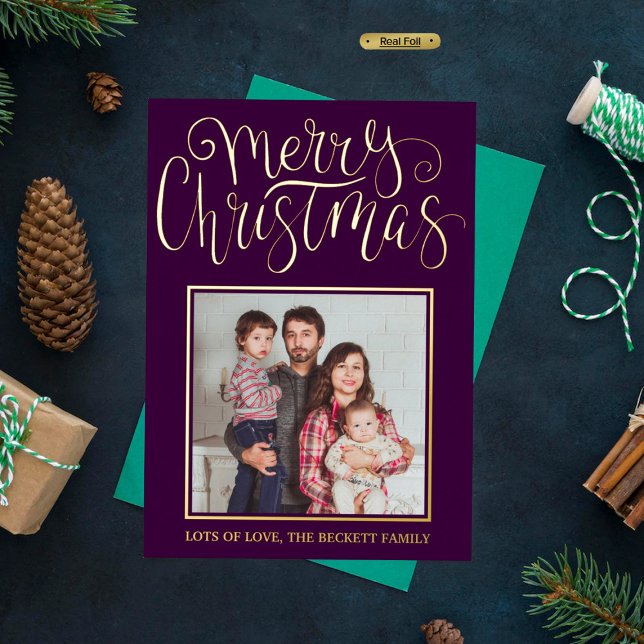 Trendy Typography "Merry Christmas" Photo Real Foil Holiday Card (Creator Uploaded)