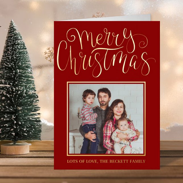 Trendy Typography "Merry Christmas" Photo Real Foil Holiday Card (Creator Uploaded)