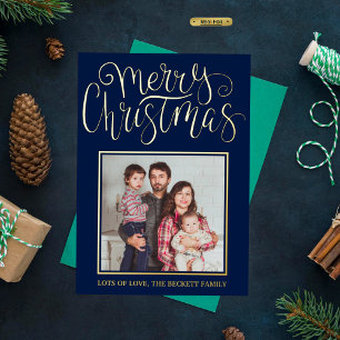 Trendy Typography "Merry Christmas" Photo Real Foil Holiday Card
