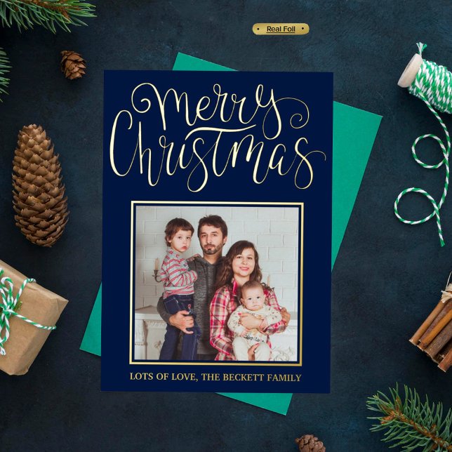 Trendy Typography "Merry Christmas" Photo Real Foil Holiday Card (Creator Uploaded)