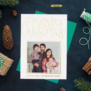 Trendy Typography "Merry Christmas" Photo Real Foil Holiday Card