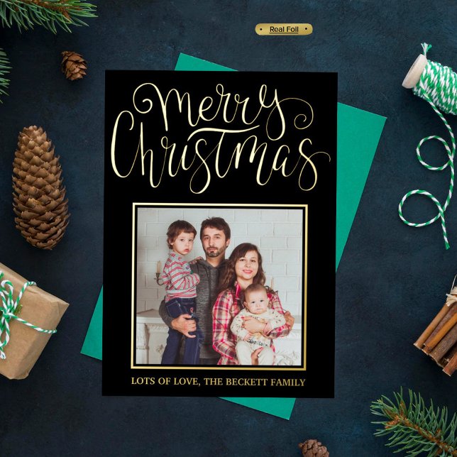 Trendy Typography "Merry Christmas" Photo Real Foil Holiday Card (Creator Uploaded)