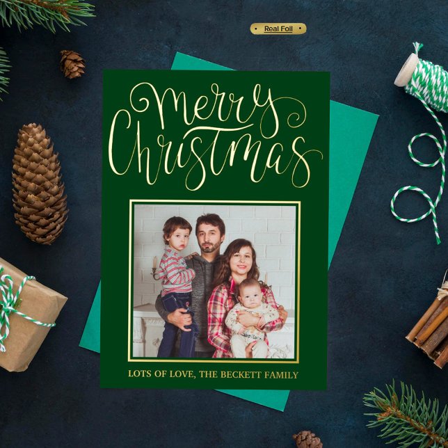 Trendy Typography "Merry Christmas" Photo Real Foil Holiday Card (Creator Uploaded)