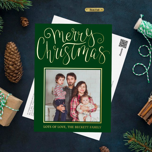 Trendy Typography "Merry Christmas" Photo Real Foil Holiday Postcard (Creator Uploaded)