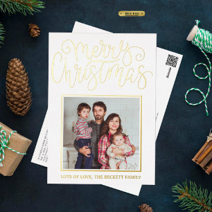Trendy Typography "Merry Christmas" Photo Real Foil Holiday Postcard