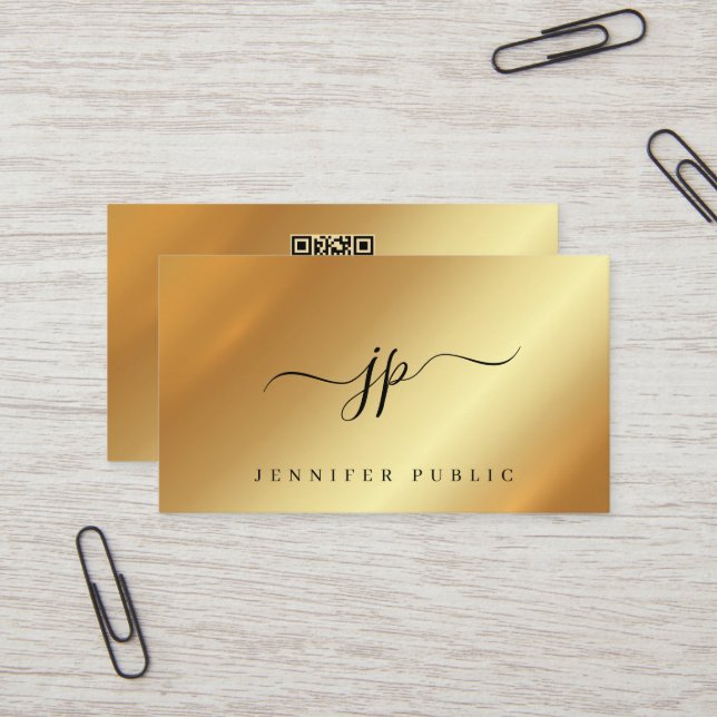 Trendy Typography Monogram Gold Luxurious Silk Business Card (Front/Back In Situ)