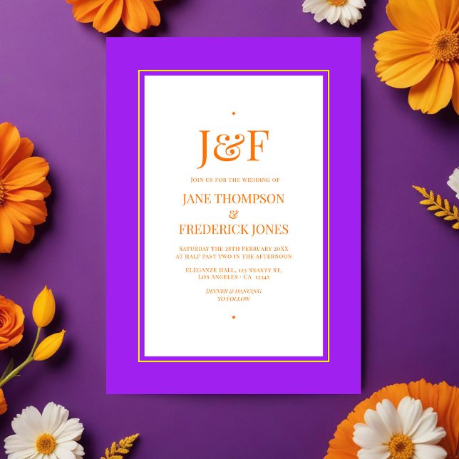 Trendy Typography Purple, Orange & Yellow Wedding Invitation (Purple, Orange and Yellow Wedding)
