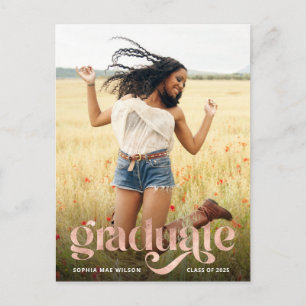 Trendy Typography Rose Gold Overlay Photo Graduate Postcard