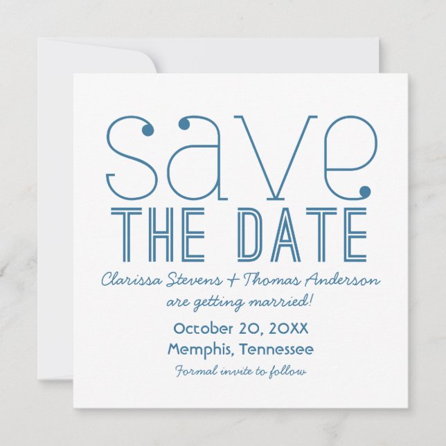 Trendy Typography Save the Date Invite, Blue Invitation (Front)