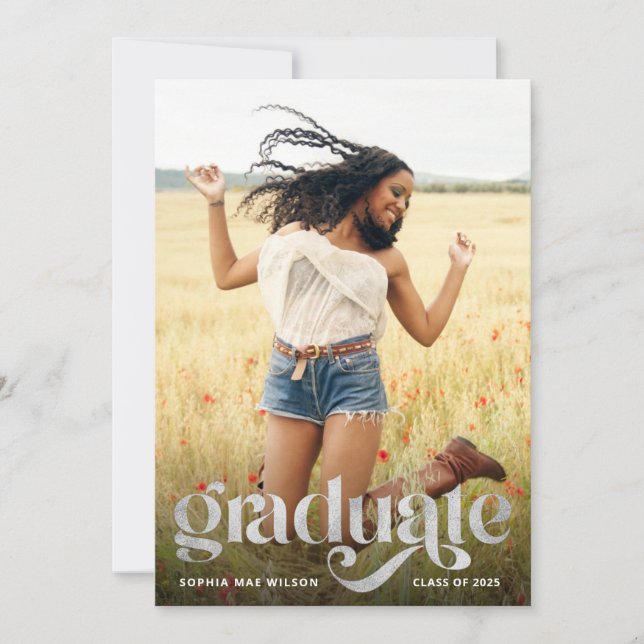 Trendy Typography Silver Overlay Photo Grad Party Invitation (Front)