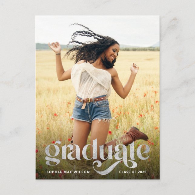 Trendy Typography Silver Overlay Photo Graduate Postcard (Front)