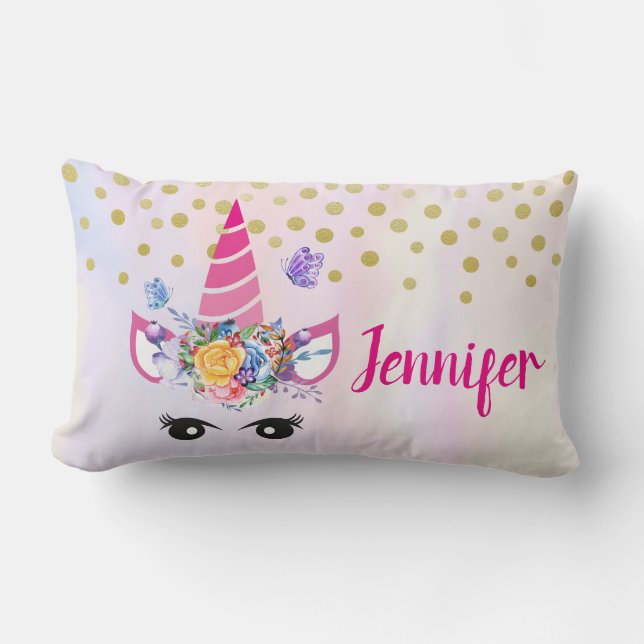 Trendy Unicorn with Flowers Butterflies & Confetti Lumbar Cushion (Front)