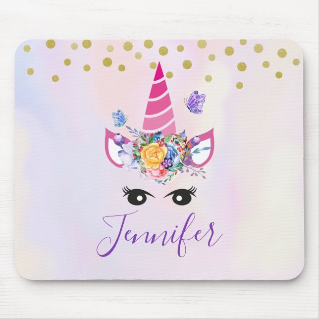 Trendy Unicorn with Flowers Butterflies & Confetti Mouse Pad (Front)