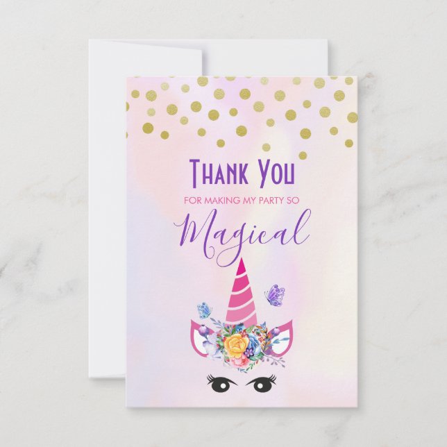 Trendy Unicorn with Flowers Butterflies & Confetti Thank You Card (Front)