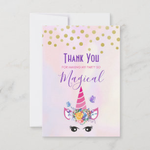 Trendy Unicorn with Flowers Butterflies & Confetti Thank You Card
