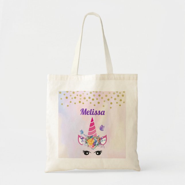Trendy Unicorn with Flowers Butterflies & Confetti Tote Bag (Front)