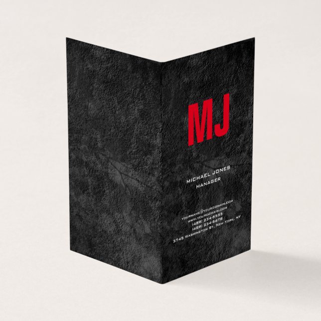 Trendy unique grey vertical huge red monogram business card (Outside)