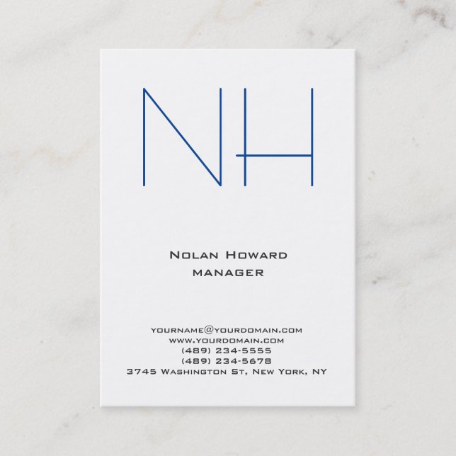 Trendy unique plain simple blue white monogram business card (Front)