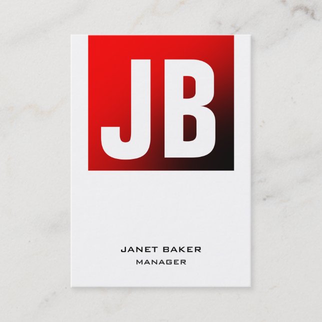 Trendy unique red white vertical plain monogram business card (Front)
