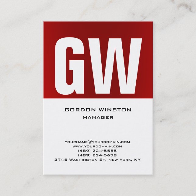Trendy unique red white vertical plain monogram business card (Front)