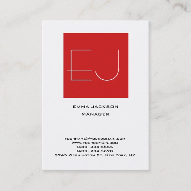 Trendy unique red white vertical stylish monogram business card (Front)