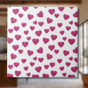 Trendy Valentine Pink Glitter Hearts on White Ceramic Tile