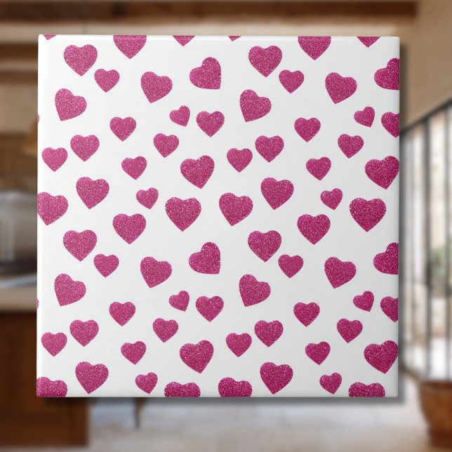 Trendy Valentine Pink Glitter Hearts on White Ceramic Tile (Creator Uploaded)