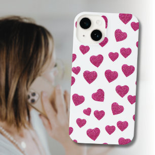 Trendy Valentine Pink Glitter Hearts on White iPhone 14 Case