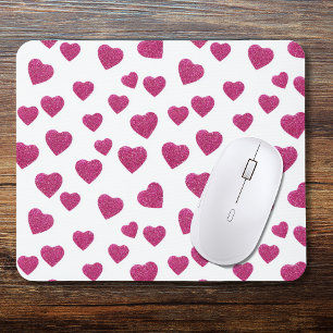 Trendy Valentine Pink Glitter Hearts on White Mouse Pad