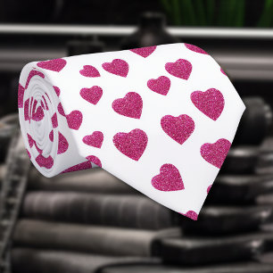 Trendy Valentine Pink Glitter Hearts on White Tie
