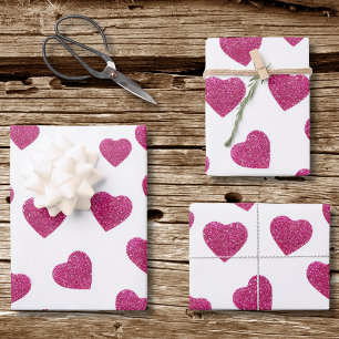 Trendy Valentine Pink Glitter Hearts on White Wrapping Paper Sheet