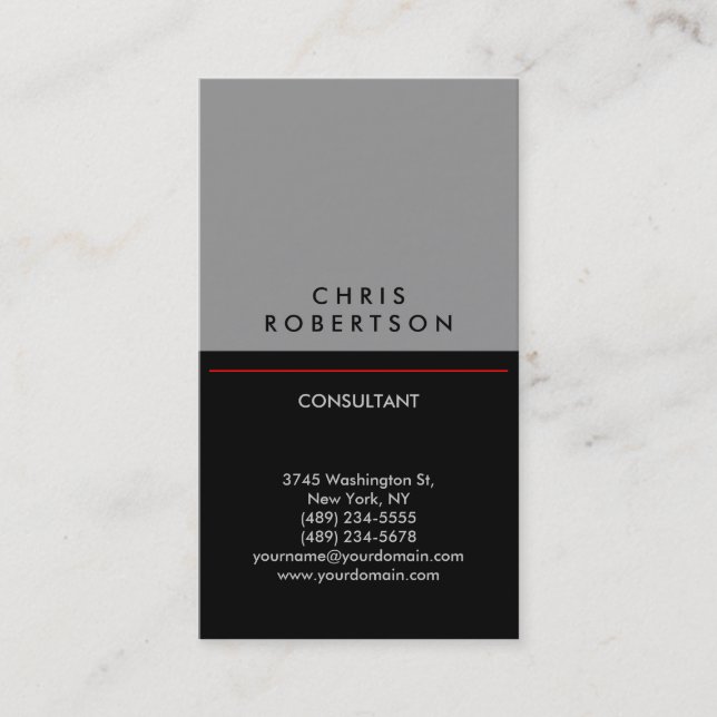 Trendy Vertical Grey Black Red Business Card (Front)