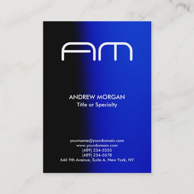 Trendy Vertical Modern Monogram Black Blue Business Card (Front)