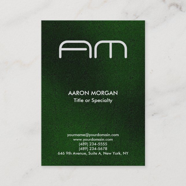 Trendy Vertical Modern Monogram Green Business Card (Front)