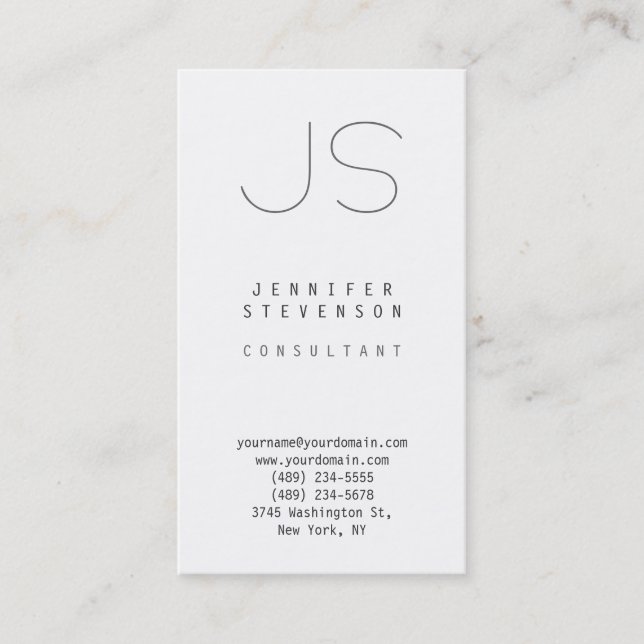 Trendy Vertical Plain White Monogram Business Card (Front)
