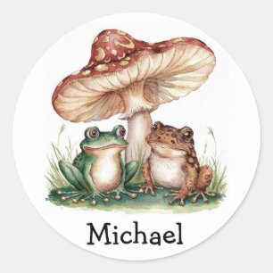 Trendy vintage Cute Happy Green Frog and Mushrooms Classic Round Sticker