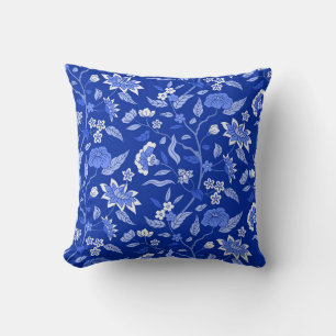 Trendy Vintage Inspired Blue Floral Pattern Cushion