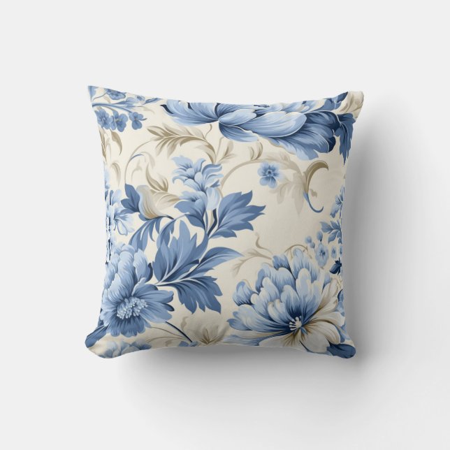 Trendy Vintage Inspired Blue Floral Pattern  Cushion (Front)