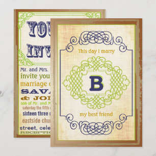 Trendy Vintage Poster Style Navy Copper and Green Invitation