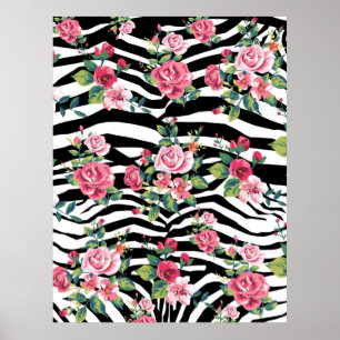 trendy vintage roses and zebra stripes pattern poster