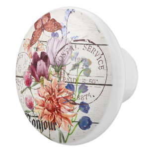 Trendy vintage rustic wood Botanical Chic french Ceramic Knob