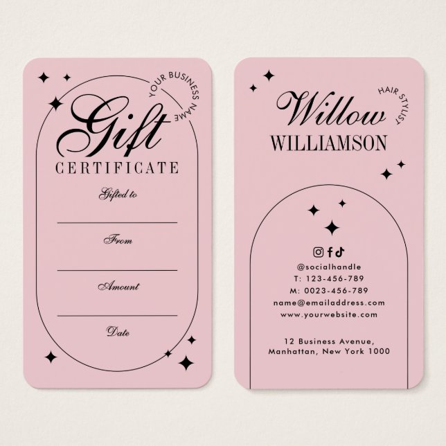 Trendy Vintage Script Blush Pink Gift Certificate (Front & Back)