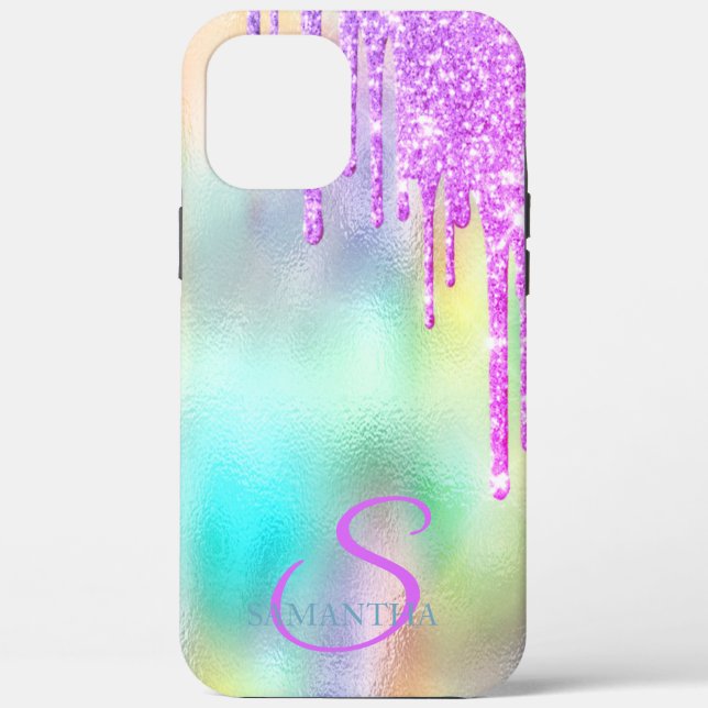 Trendy Violet Glitter Drips Holographic Case-Mate iPhone Case (Back)