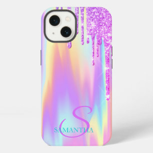 Trendy Violet Glitter Drips Ombre Holographic iPhone 13 Case