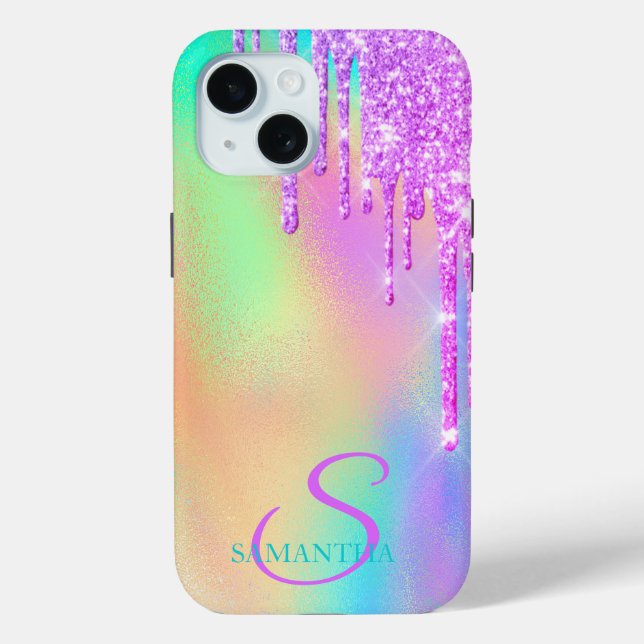 Trendy Violet Glitter Drips Rainbow Holographic Case-Mate iPhone Case (Back)