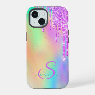 Trendy Violet Glitter Drips Rainbow Holographic iPhone 15 Case
