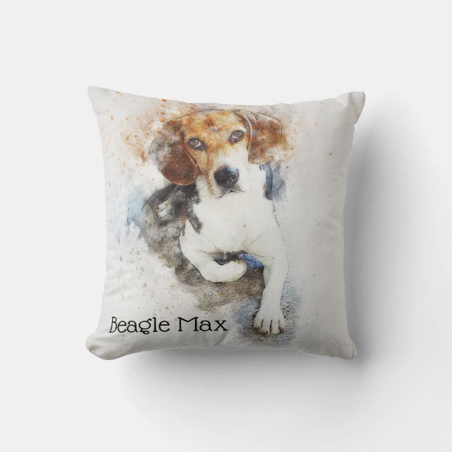 Trendy Watercolor Beagle Dog Personalised Cushion (Front)