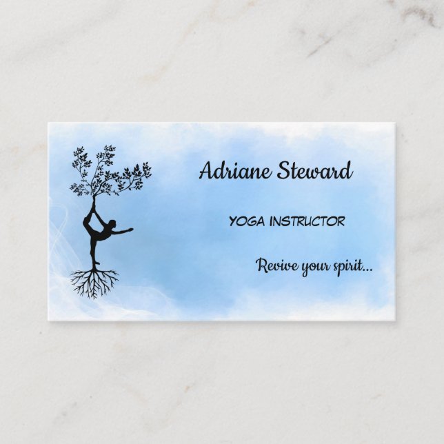  Trendy Watercolor Blue Silhouette Yoga Instructor Business Card (Front)
