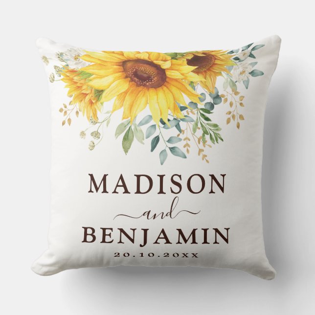 Trendy Watercolor Boho Sunflower Garden Wedding Cushion (Front)