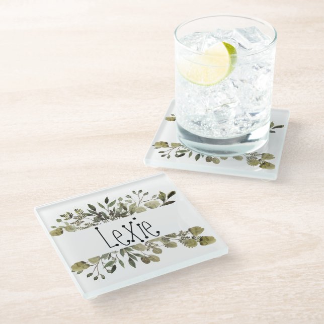 Trendy Watercolor Botanical Personalised  Glass Coaster (Angled)